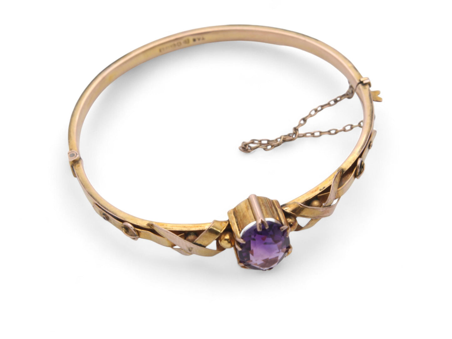 Antique 9ct Gold Amethyst Buckle Bangle, 6.5"