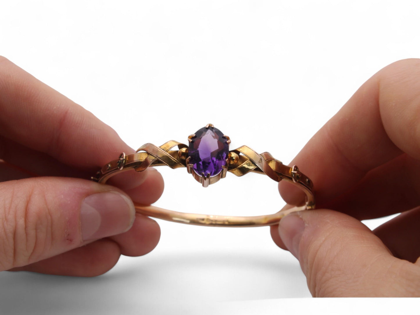 Antique 9ct Gold Amethyst Buckle Bangle, 6.5"