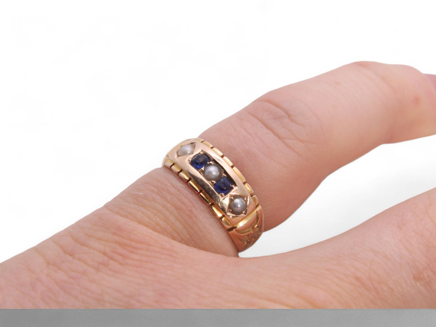 Antique 15ct Gold Sapphire Pearl Gypsy Ring, 1882