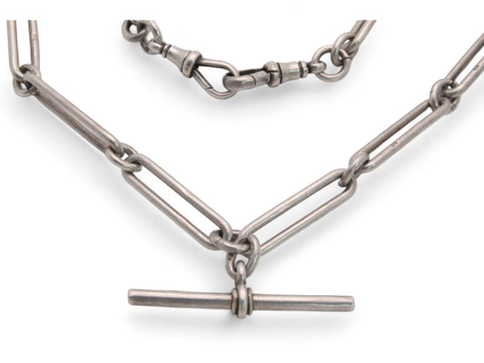 Antique Sterling Silver Trombone Link Double Albert Chain, 14.3"