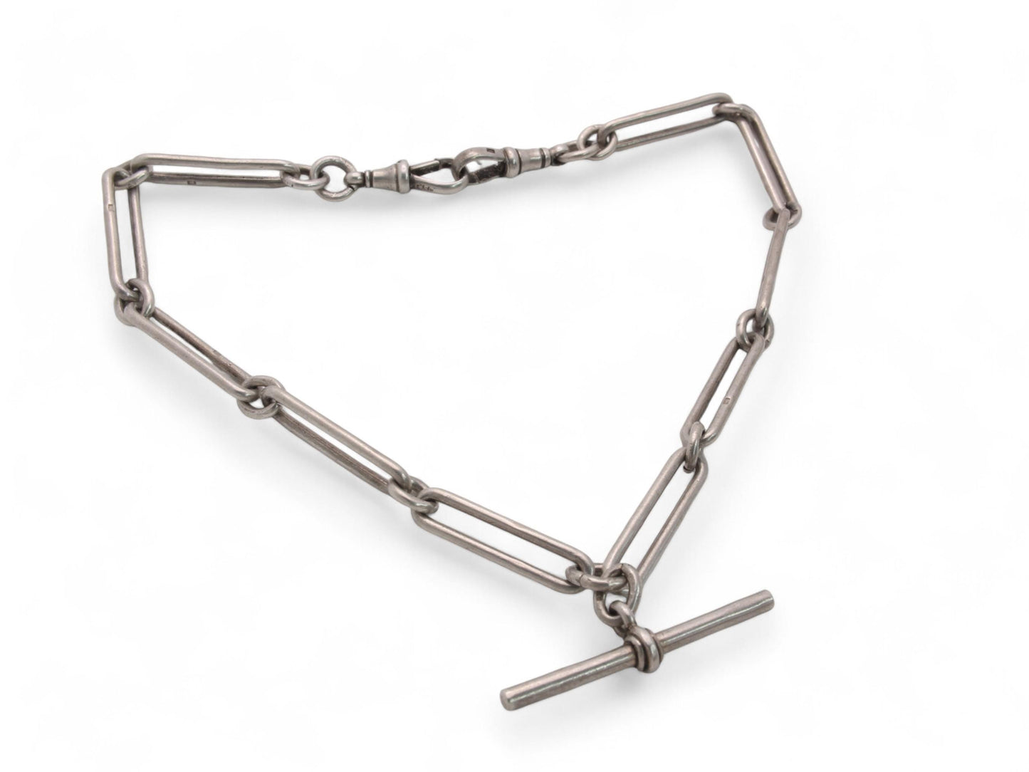 Antique Sterling Silver Trombone Link Double Albert Chain, 14.3"