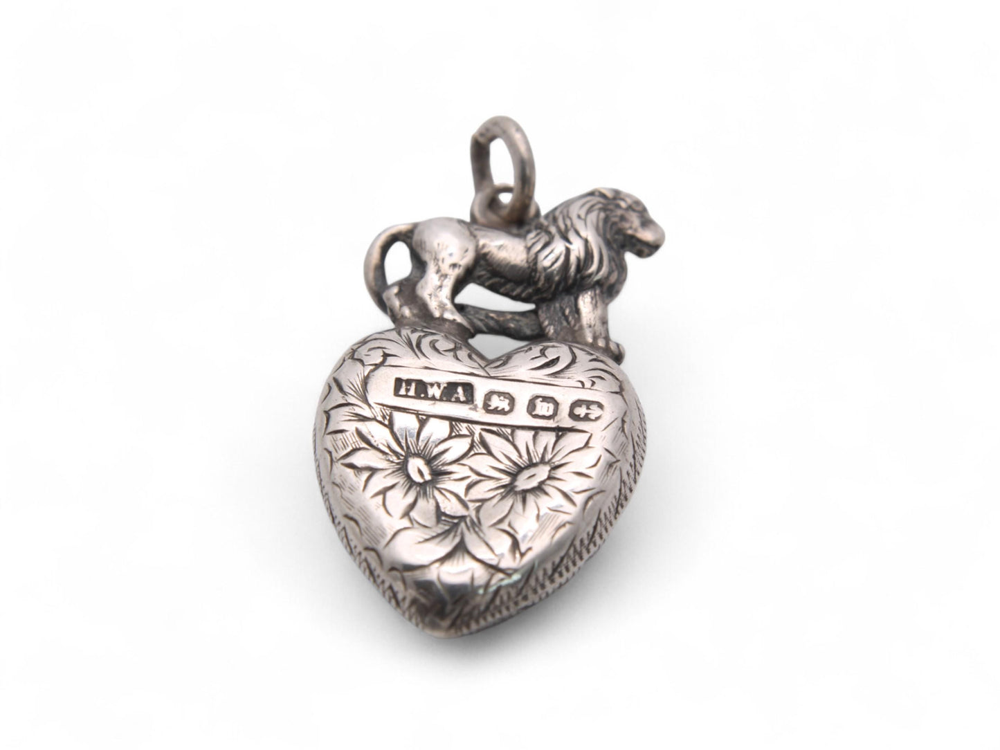 Antique Sterling Silver Heart Lion Compass Pendant