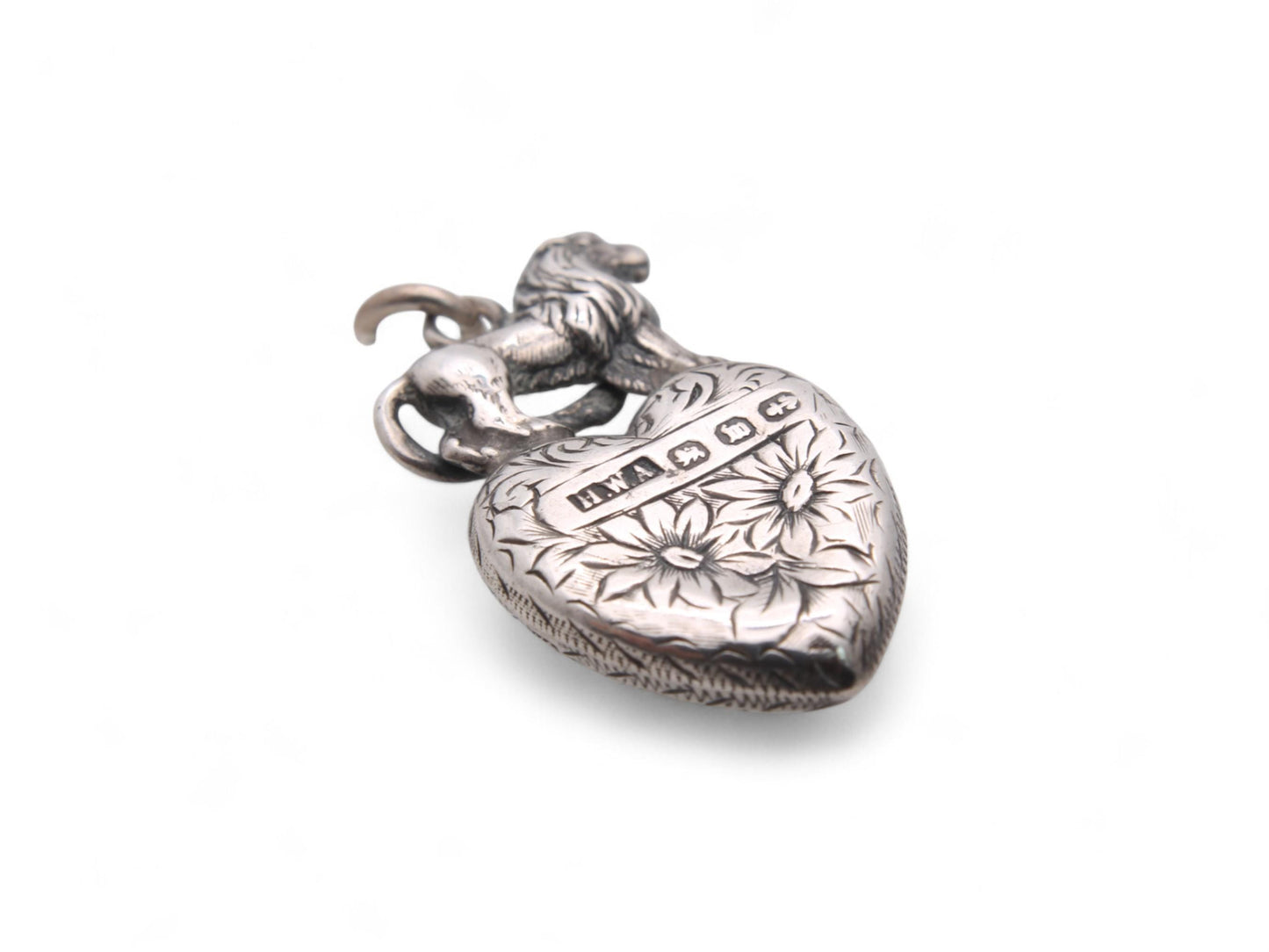 Antique Sterling Silver Heart Lion Compass Pendant