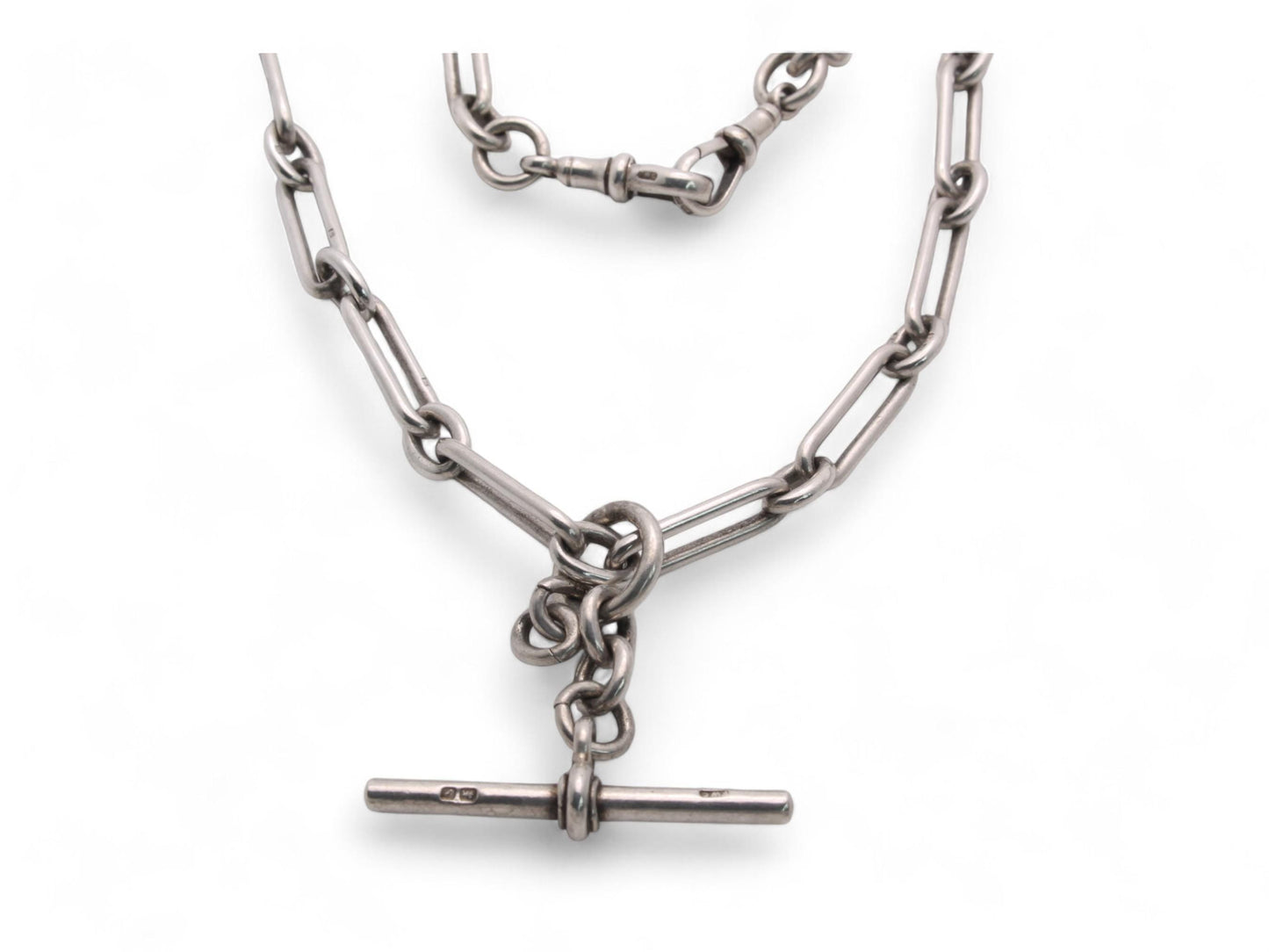 Antique Sterling Silver Trombone Link Double Albert Chain, 16"