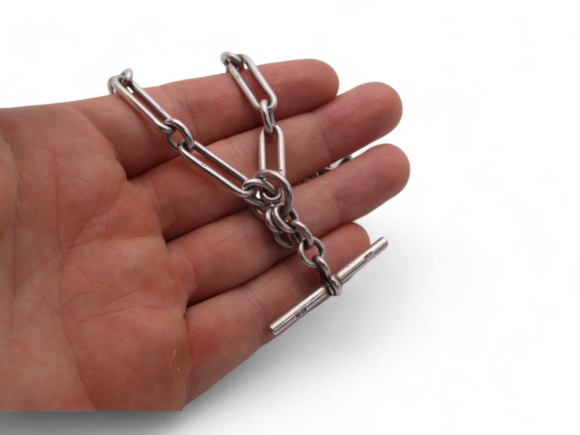 Antique-Sterling-Silver-Trombone-Link-Double-Albert-Chain,-16"