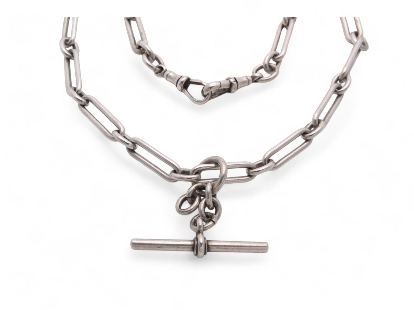 Antique Sterling Silver Trombone Link Double Albert Chain, 16"