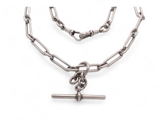 Antique Sterling Silver Trombone Link Double Albert Chain, 16"