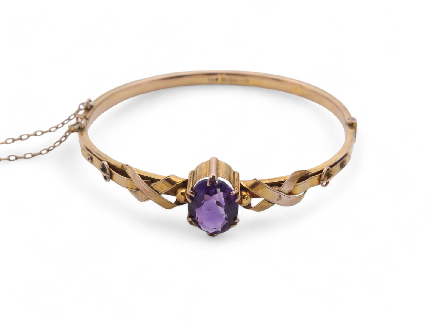 Antique 9ct Gold Amethyst Buckle Bangle, 6.5"