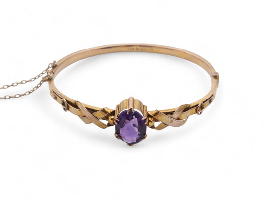 Antique 9ct Gold Amethyst Buckle Bangle, 6.5"