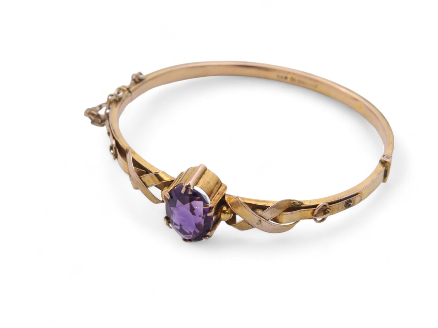 Antique 9ct Gold Amethyst Buckle Bangle, 6.5"