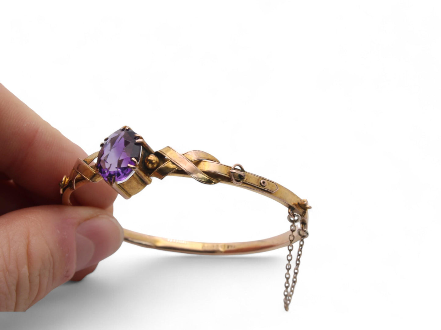 Antique 9ct Gold Amethyst Buckle Bangle, 6.5"