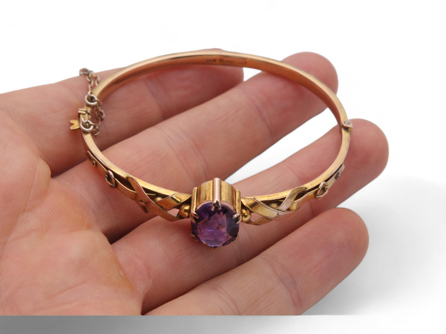 Antique-9ct-Gold-Amethyst-Buckle-Bangle,-6.5"