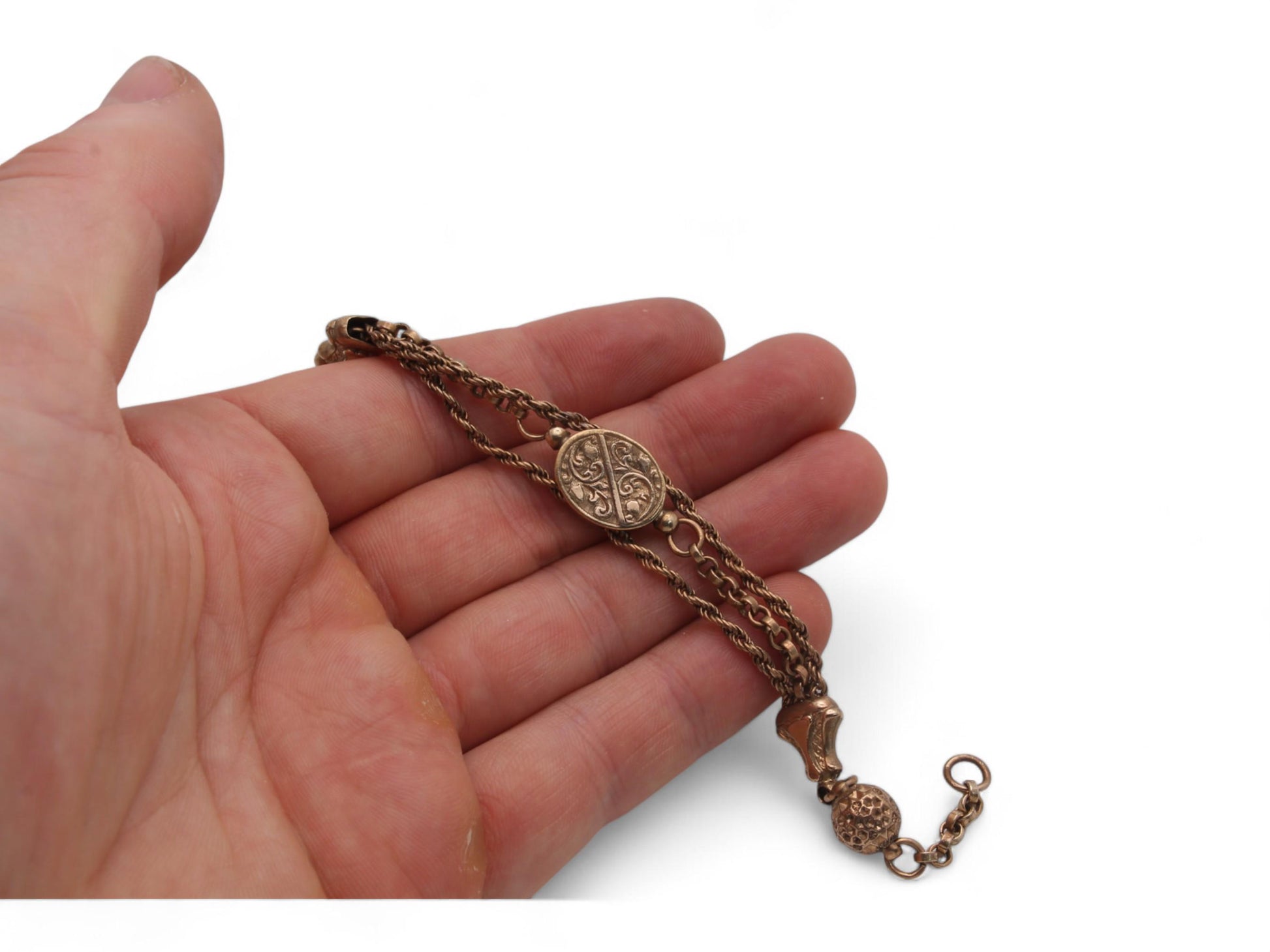 Antique-9ct-Rolled-Rose-Gold-Albertina-Bracelet,-19cm