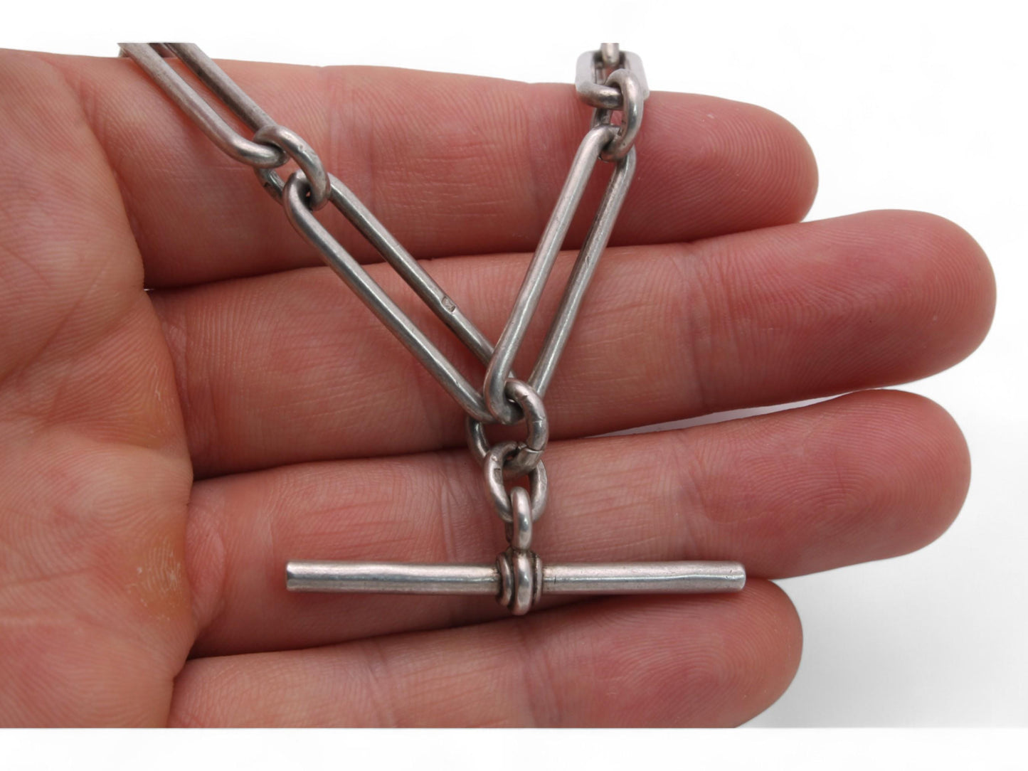 Antique Sterling Silver Trombone Link Double Albert Chain, 14.3"