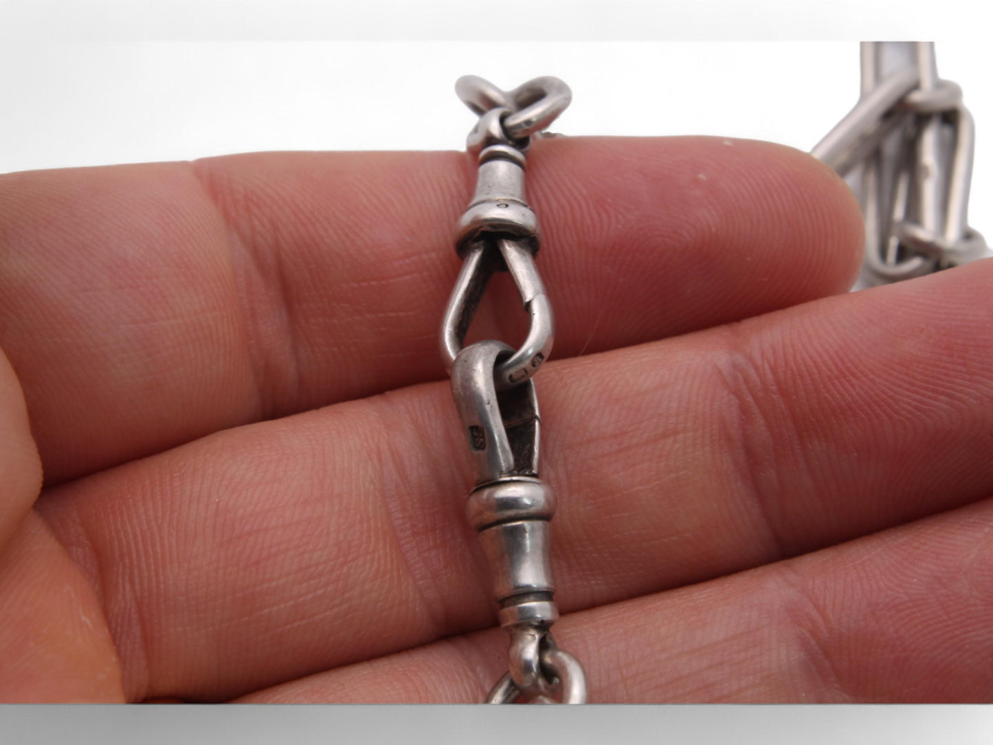 Antique Sterling Silver Trombone Link Double Albert Chain, 14.3"