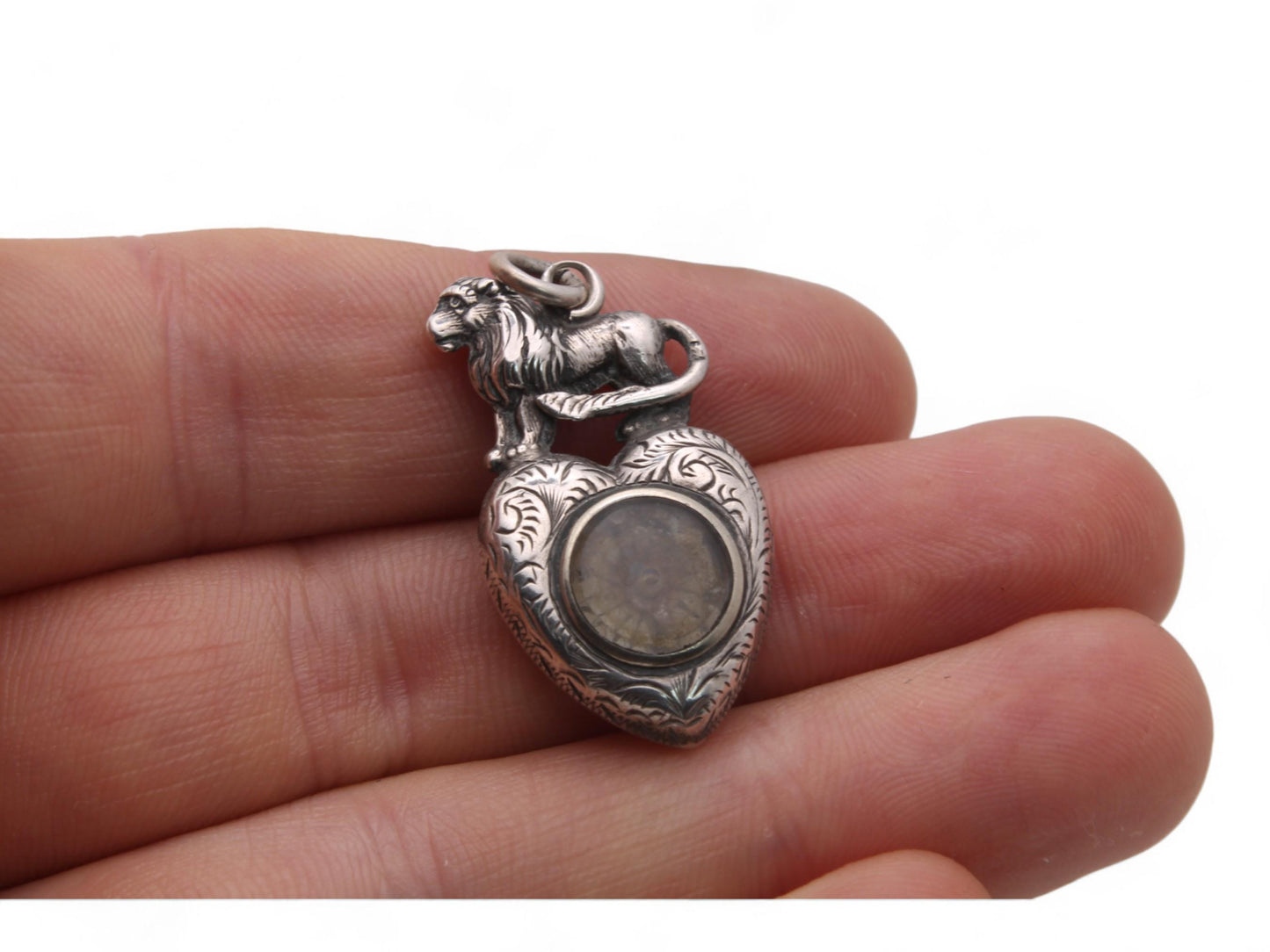 Antique Sterling Silver Heart Lion Compass Pendant