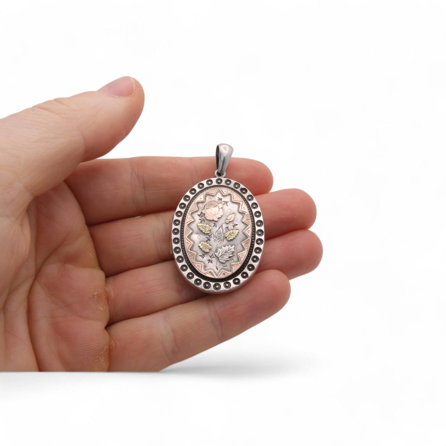 Antique Sterling Silver Locket: Rose & Green Gold Tulips, Victorian 1884