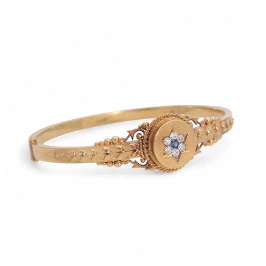 Antique 15ct Gold Sapphire Diamond Bangle, 6.5"