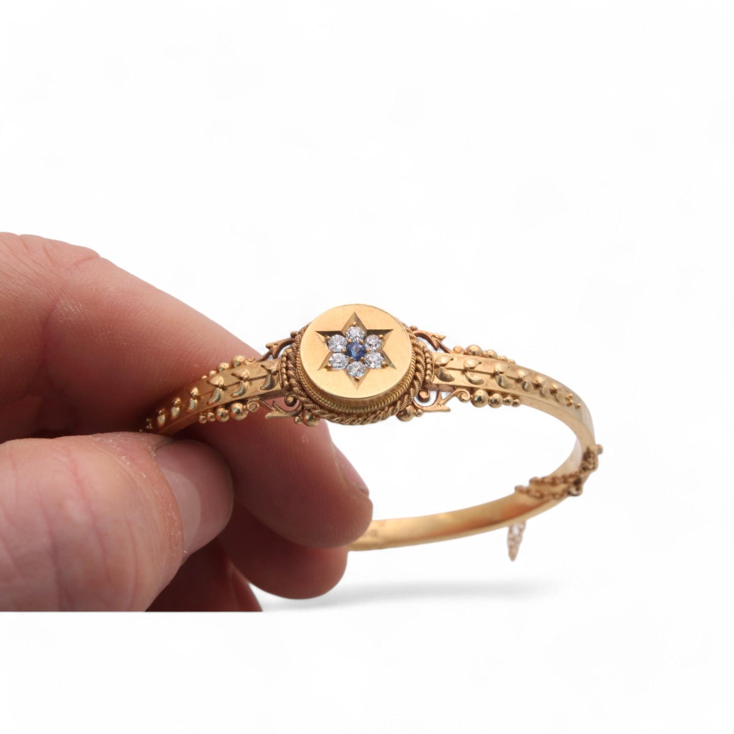 Antique 15ct Gold Sapphire Diamond Bangle, 6.5"