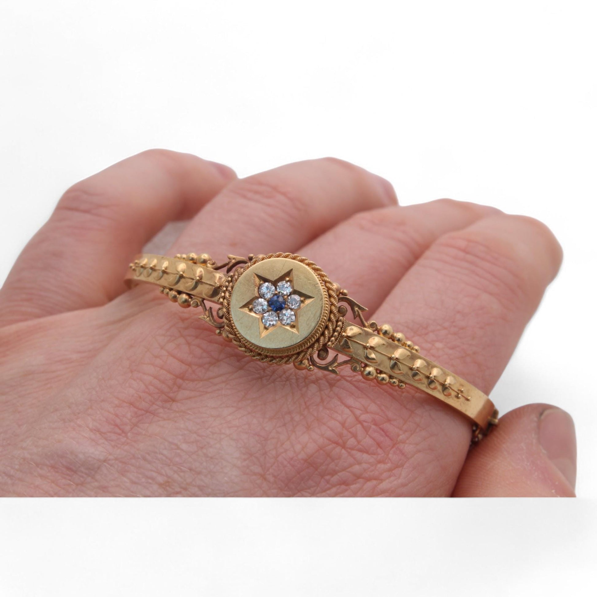 Antique-15ct-Gold-Sapphire-Diamond-Bangle,-6.5"