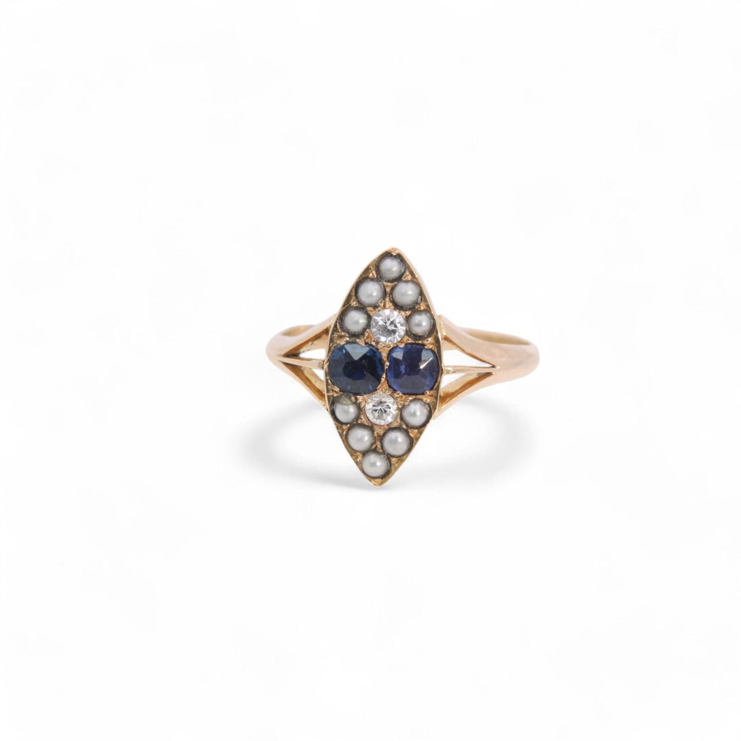 Antique 15ct Gold Sapphire Diamond Navette Ring