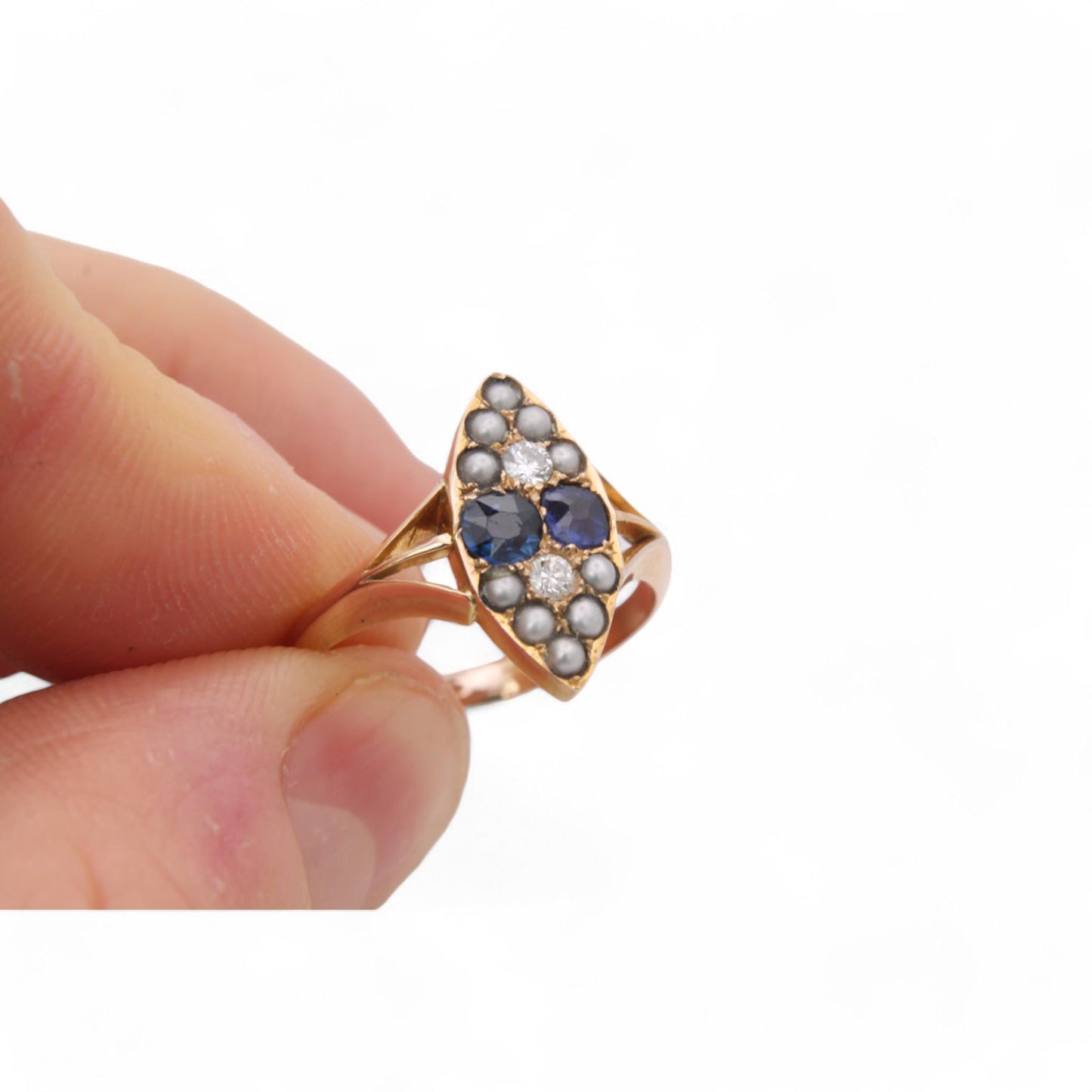 Antique 15ct Gold Sapphire Diamond Navette Ring