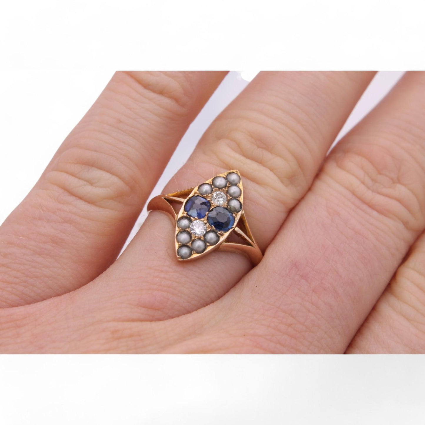 Antique 15ct Gold Sapphire Diamond Navette Ring