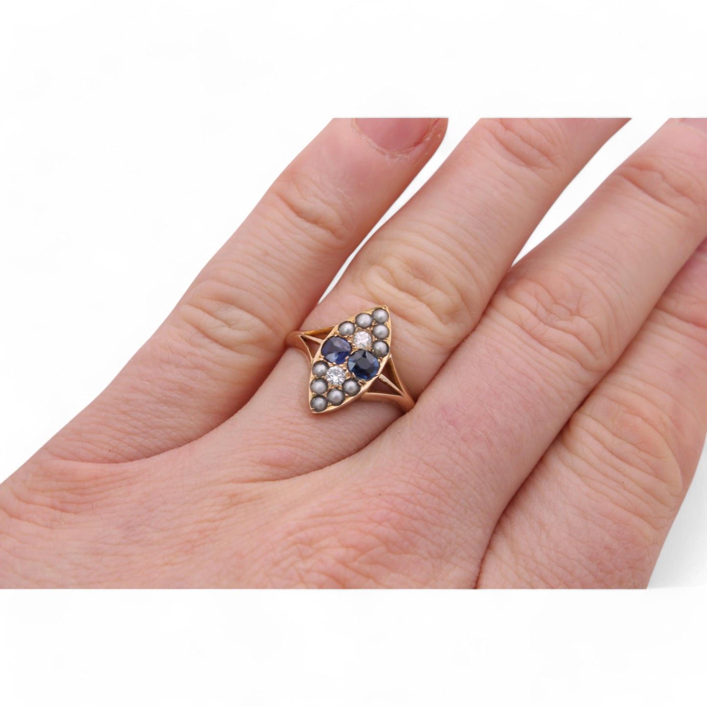 Antique-15ct-Gold-Sapphire-Diamond-Navette-Ring