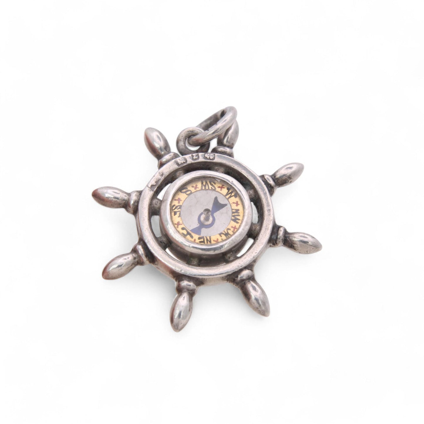 Antique Sterling Silver Ships Wheel Compass Pendant