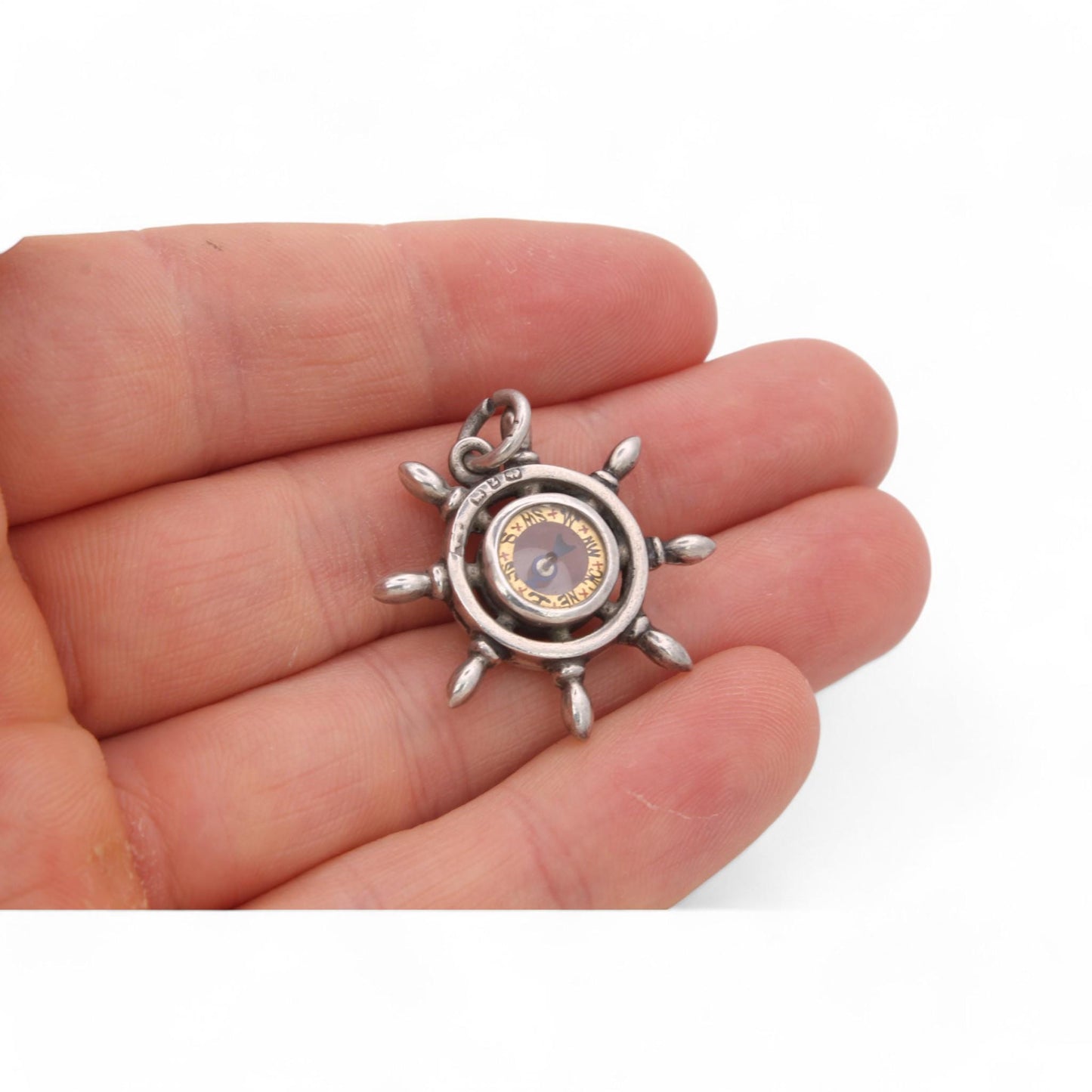 Antique Sterling Silver Ships Wheel Compass Pendant