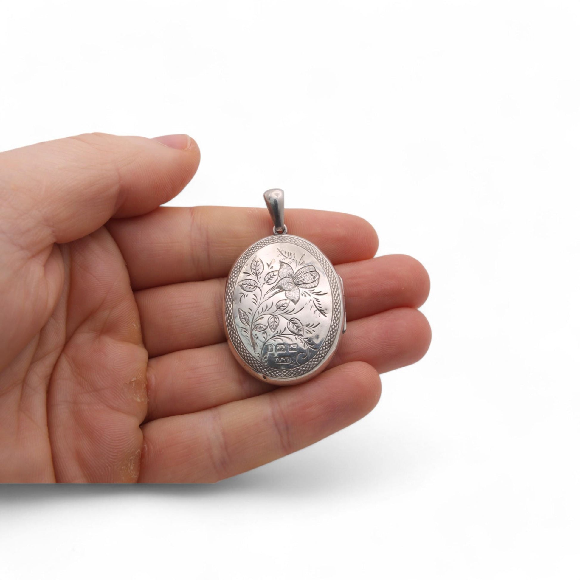 Antique-Sterling-Silver-Locket:-Rose-&-Green-Gold-Tulips,-Victorian-1884