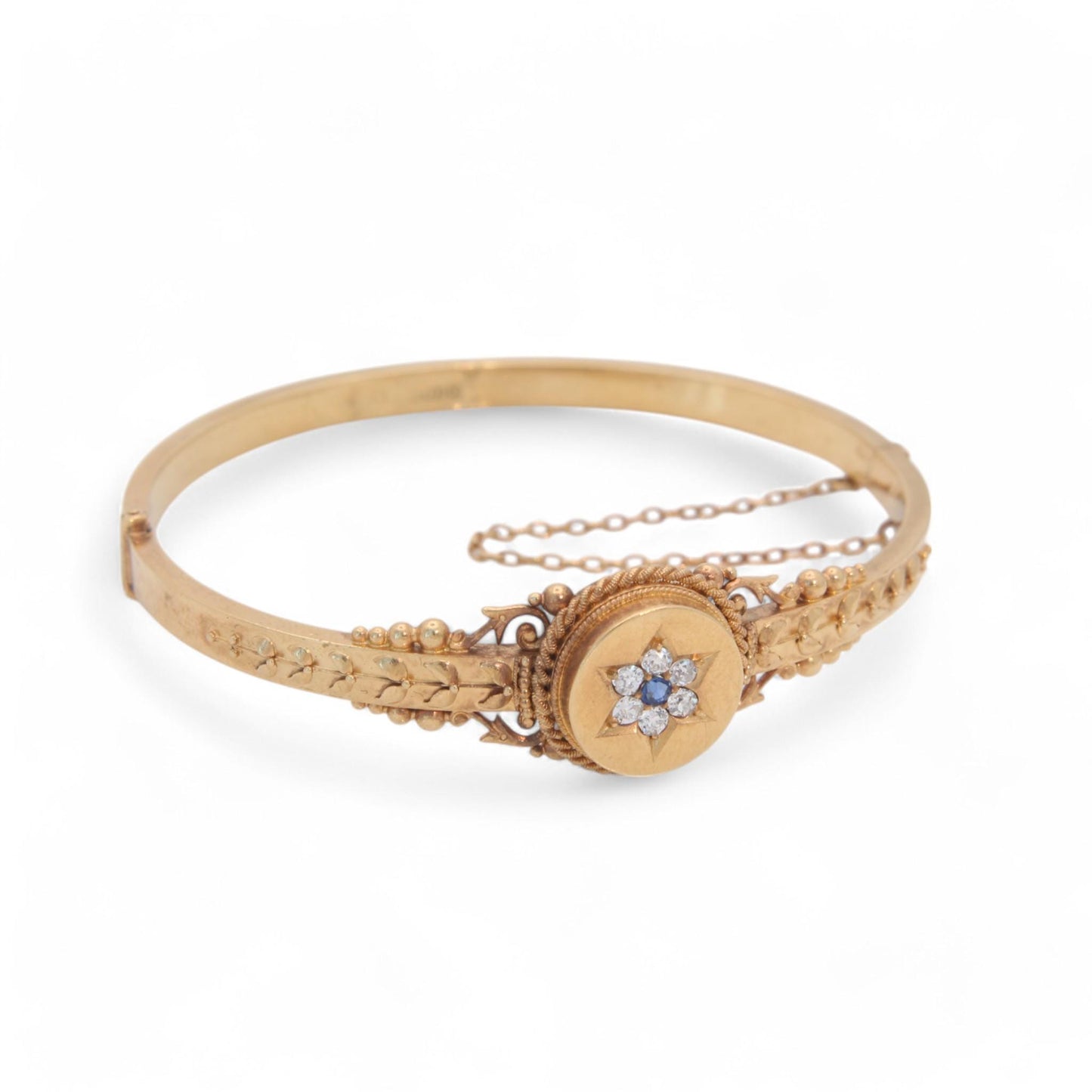 Antique 15ct Gold Sapphire Diamond Bangle, 6.5"