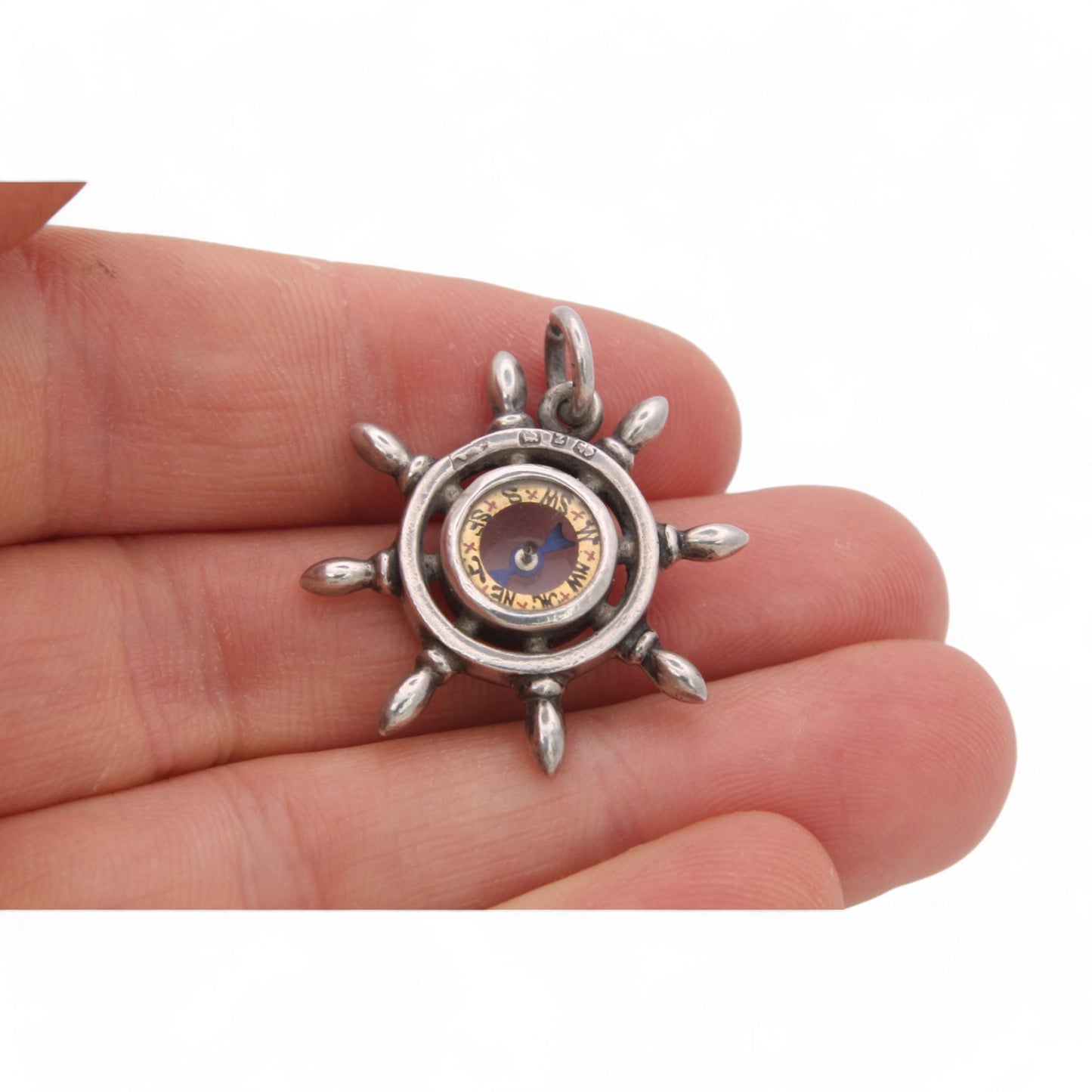 Antique Sterling Silver Ships Wheel Compass Pendant