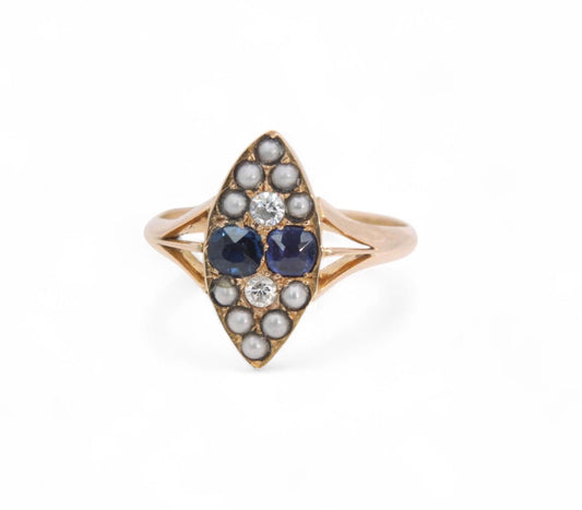 Antique 15ct Gold Sapphire Diamond Navette Ring