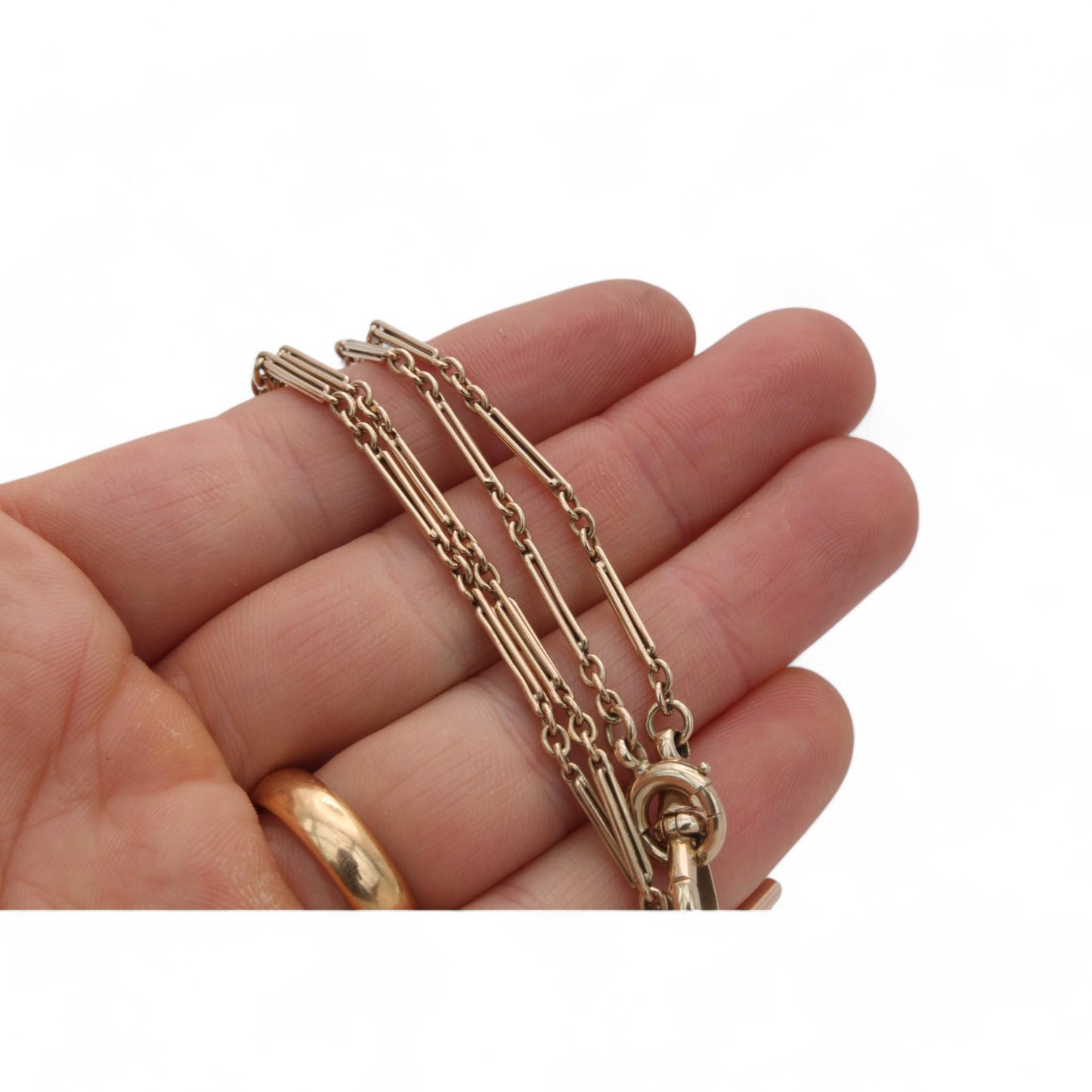 Antique-9ct-Yellow-Gold-Trombone-Fetter-Link-Double-Albert-Chain,-13.5"