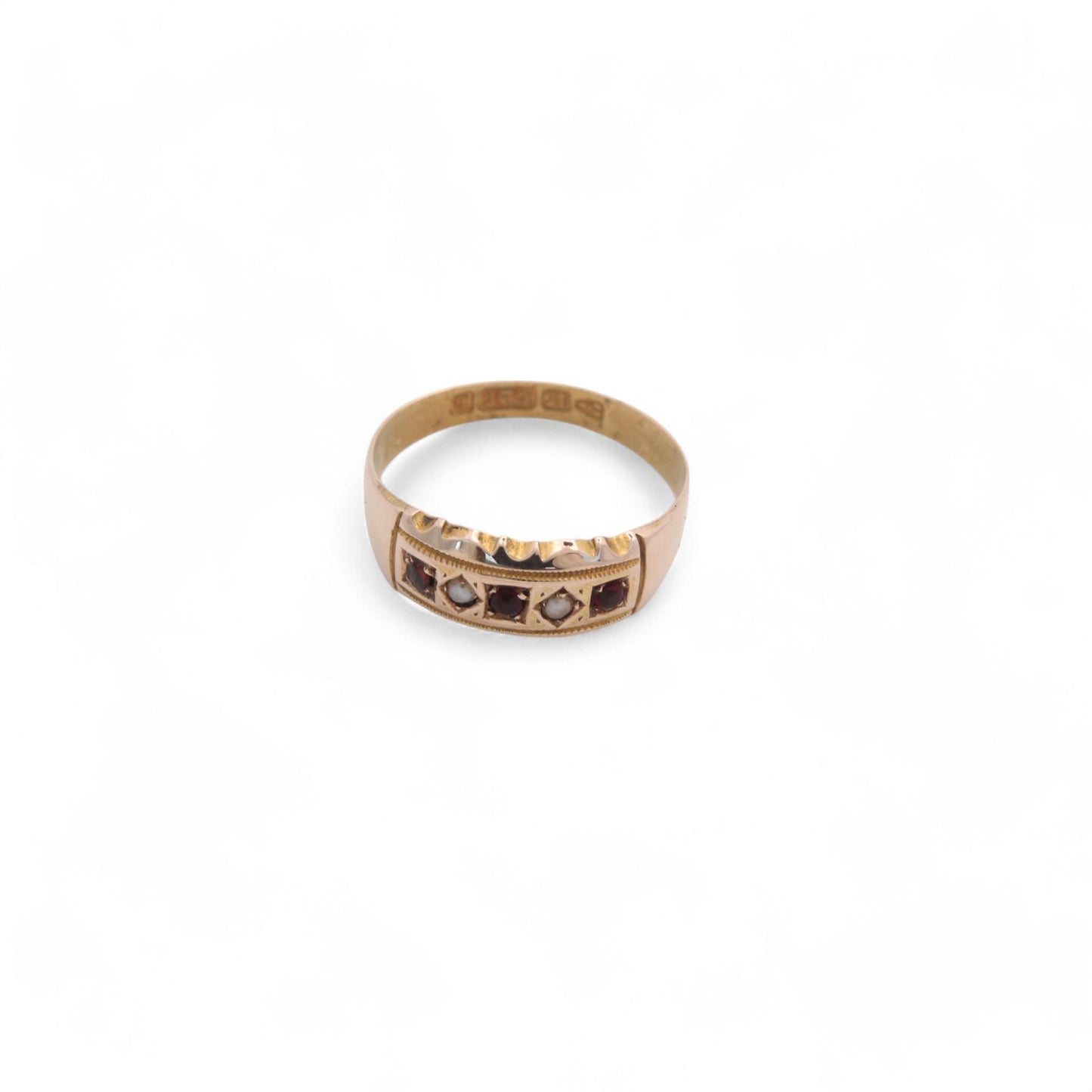 Antique 15ct Yellow Gold Garnet Pearl Gypsy Ring, 1885