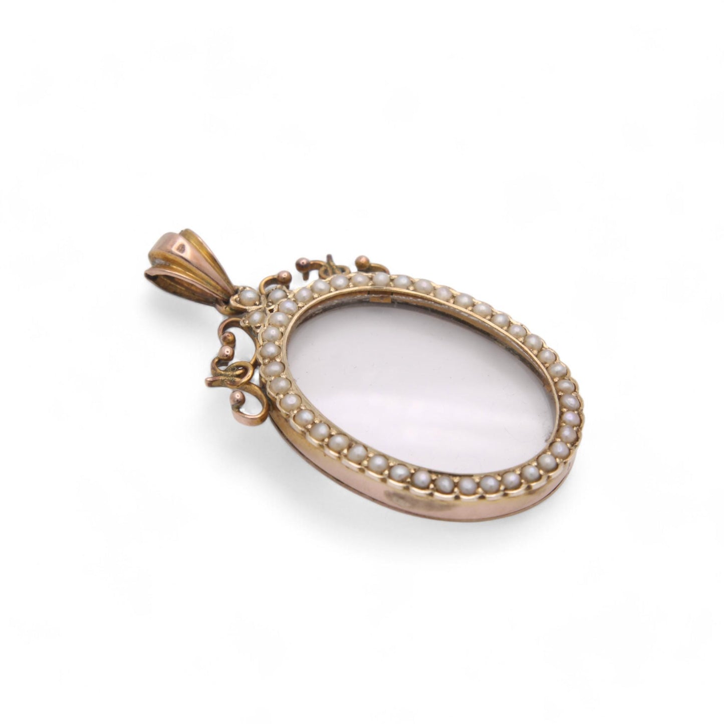 Antique 9ct Gold Seed Pearl Open Face Glass Locket