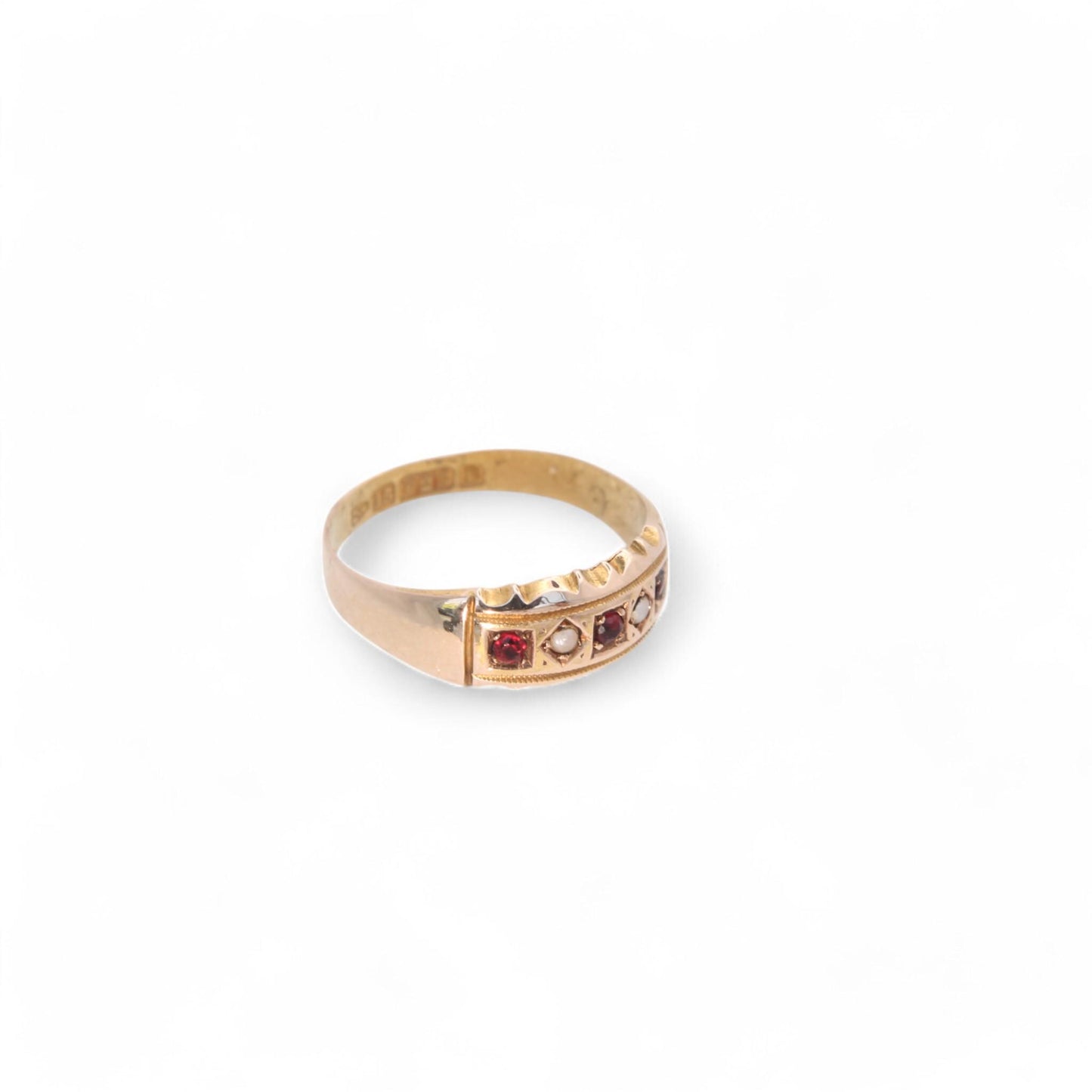 Antique 15ct Yellow Gold Garnet Pearl Gypsy Ring, 1885