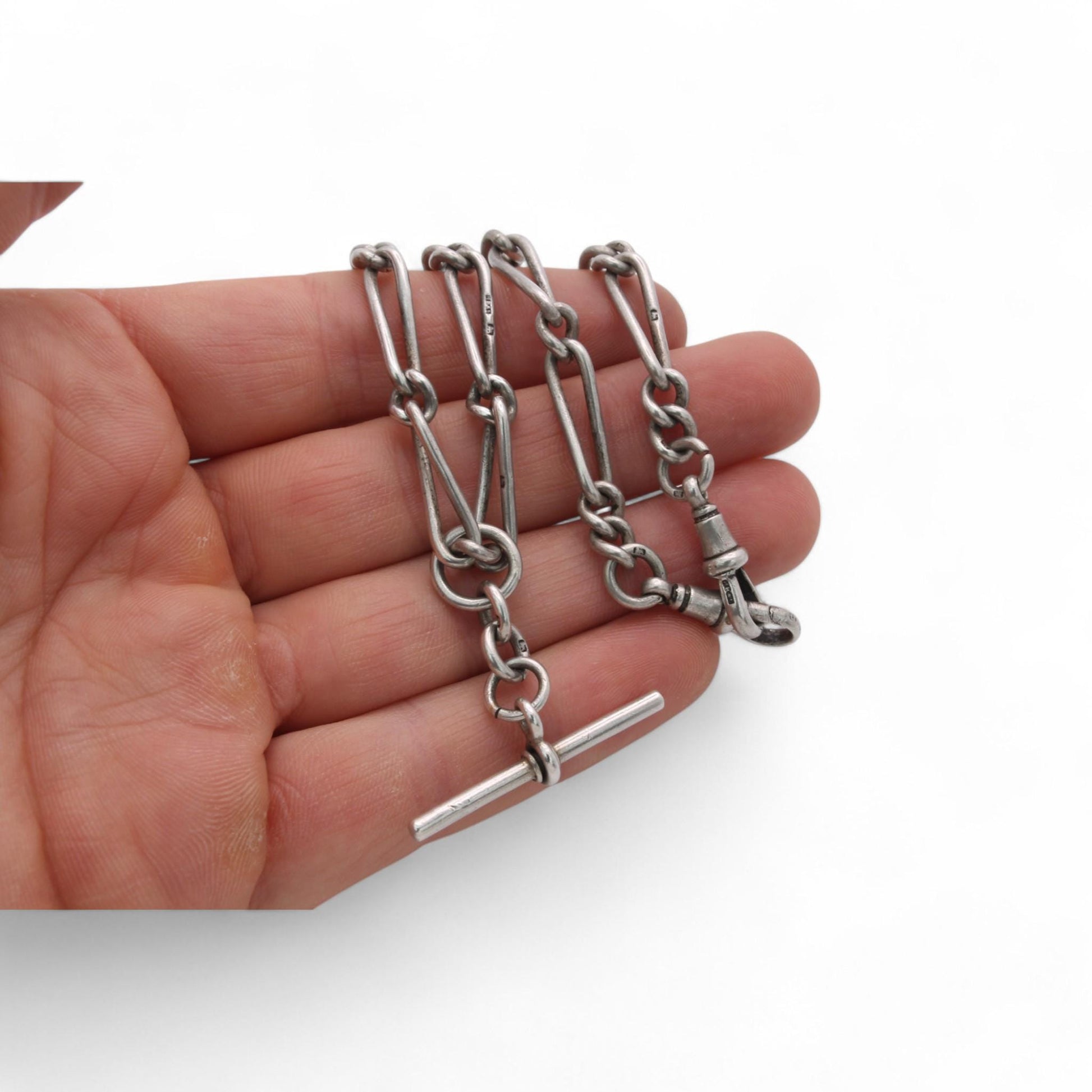 Antique-Sterling-Silver-Twisted-Trombone-Link-Chain-Necklace,-14.75"