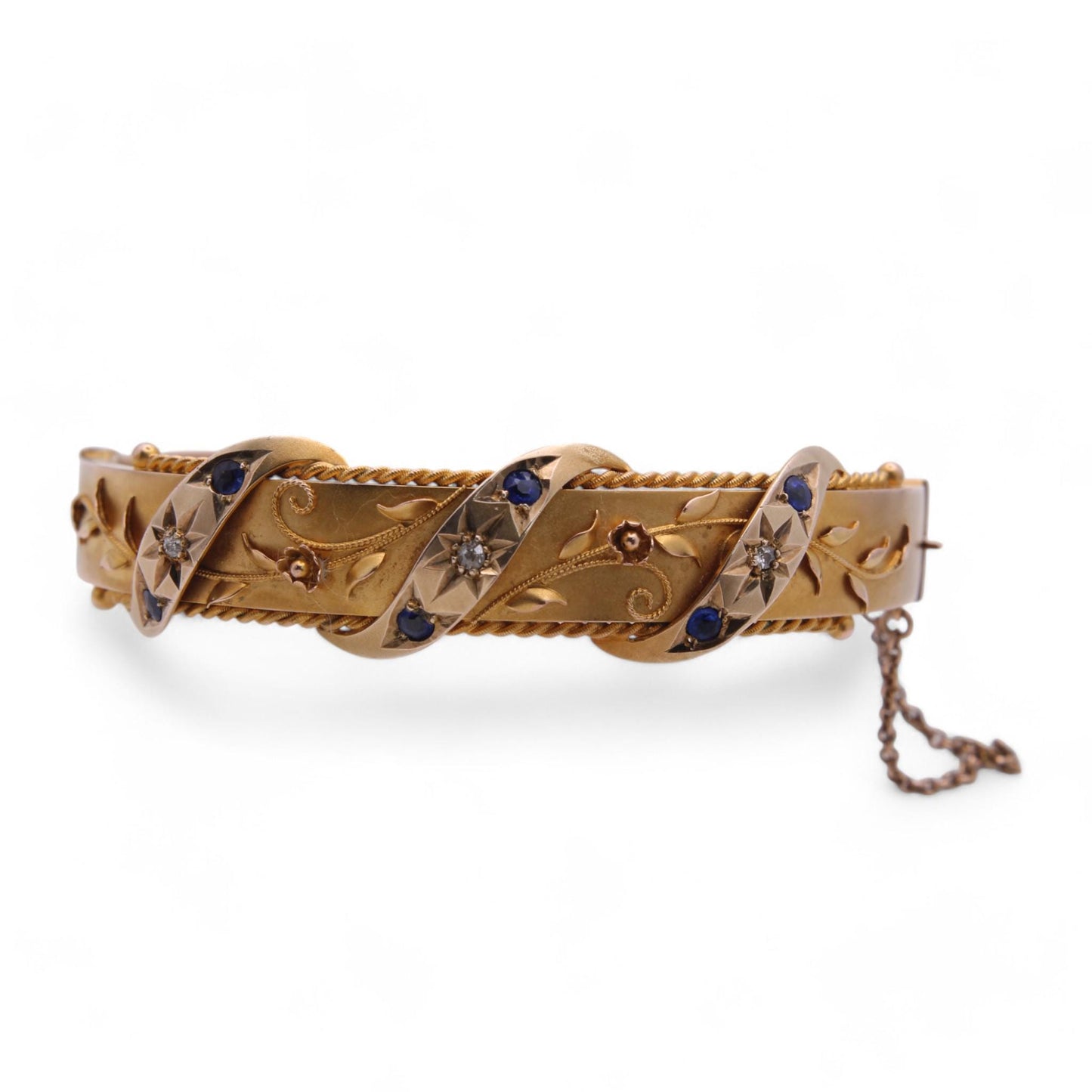 Antique 9ct Gold Decorative Floral Diamond Bangle, 1912