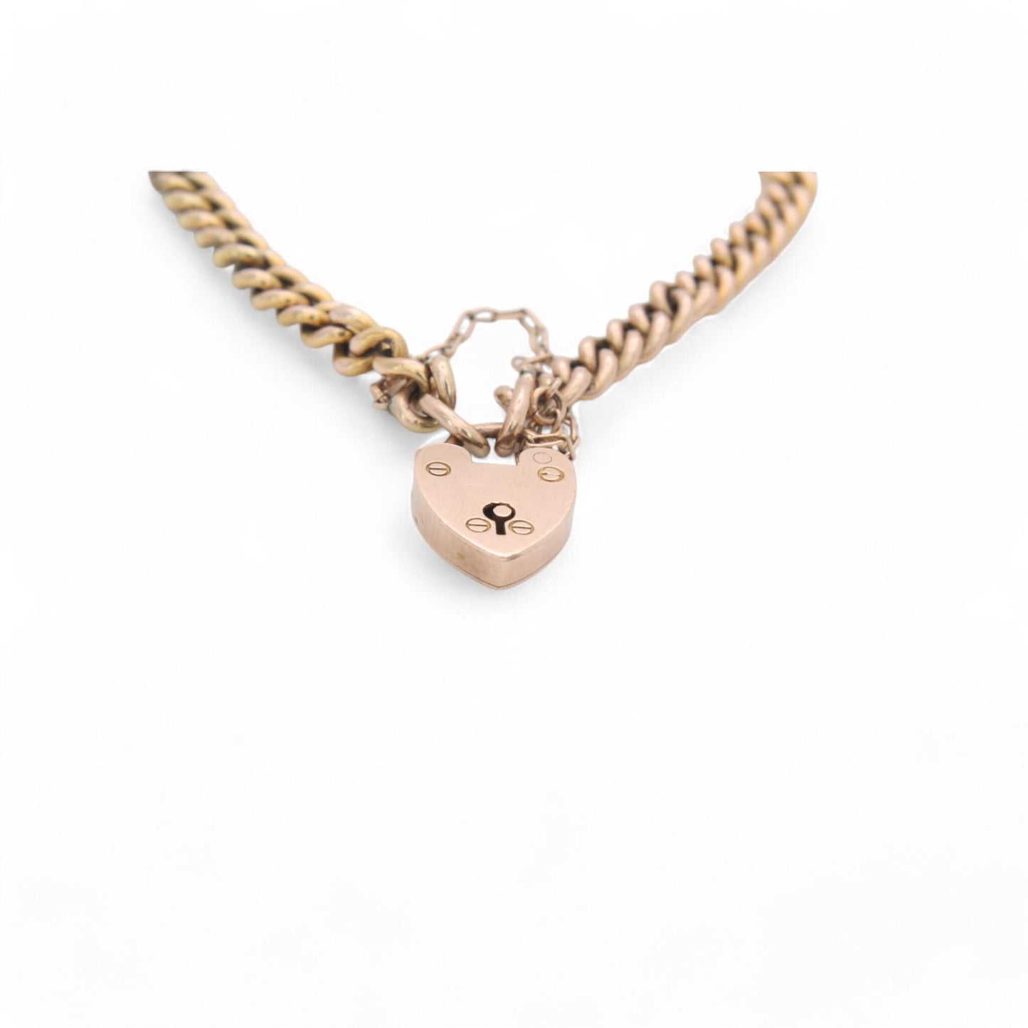 Antique 9ct Gold Heart Padlock Gate Bracelet, 6.75"