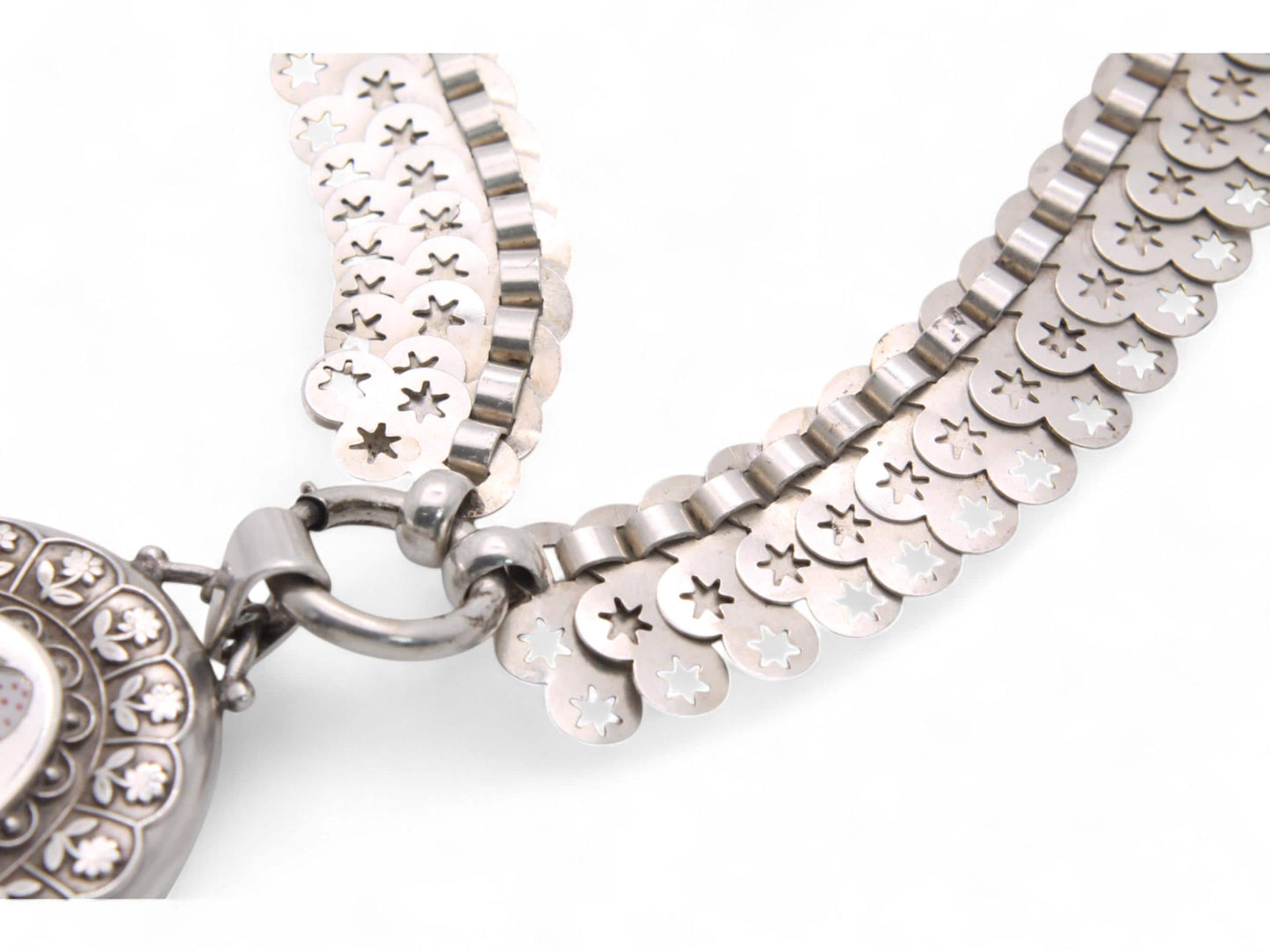 Antique Sterling Silver Star Collar With Enamelled Bo Peep Locket, 1882