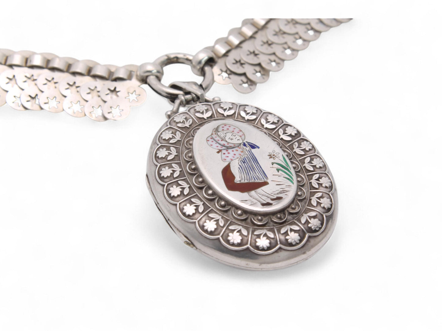 Antique Sterling Silver Star Collar With Enamelled Bo Peep Locket, 1882