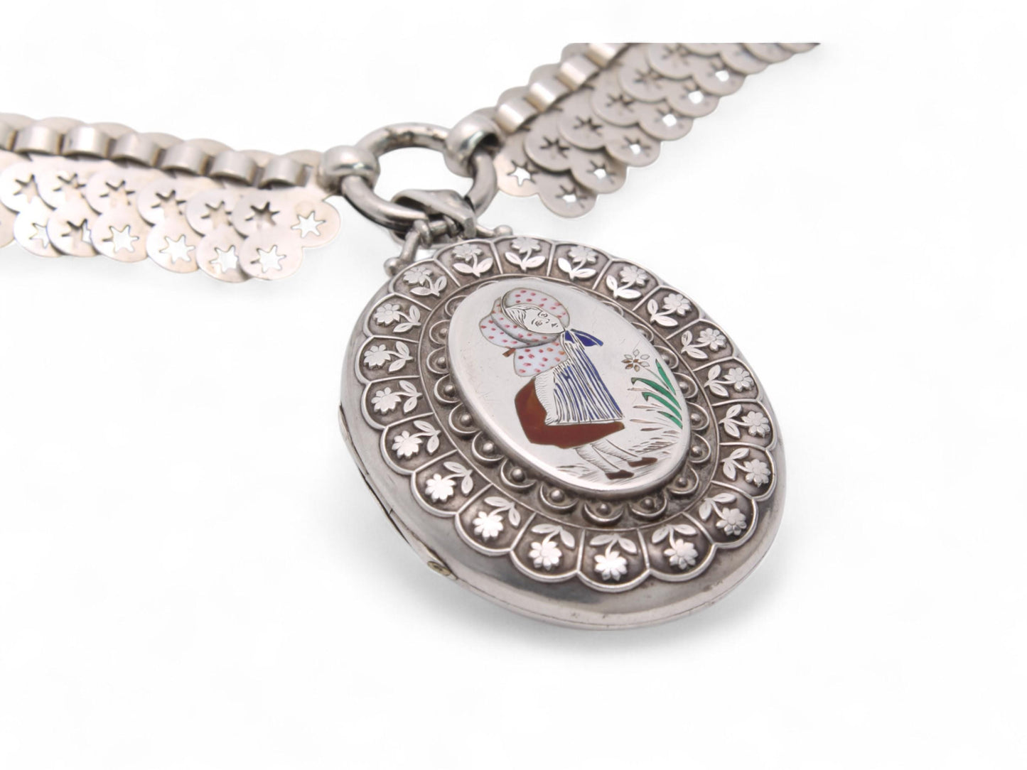 Antique Sterling Silver Star Collar With Enamelled Bo Peep Locket, 1882
