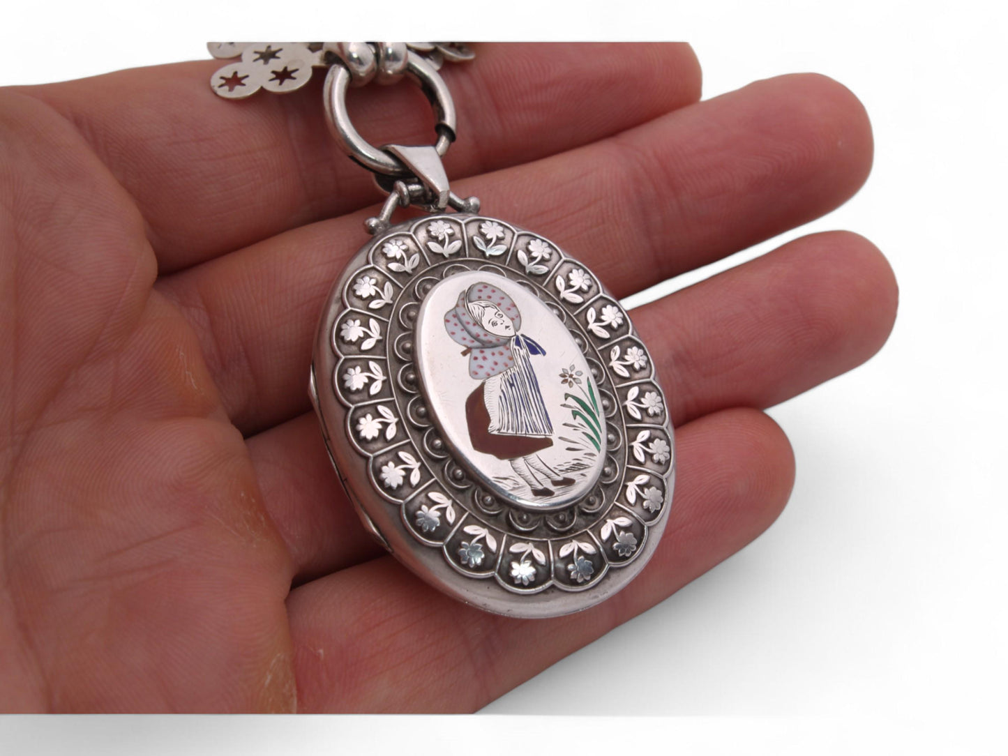 Antique Sterling Silver Star Collar With Enamelled Bo Peep Locket, 1882