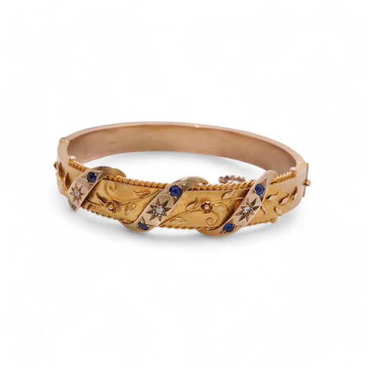 Antique 9ct Gold Decorative Floral Diamond Bangle, 1912