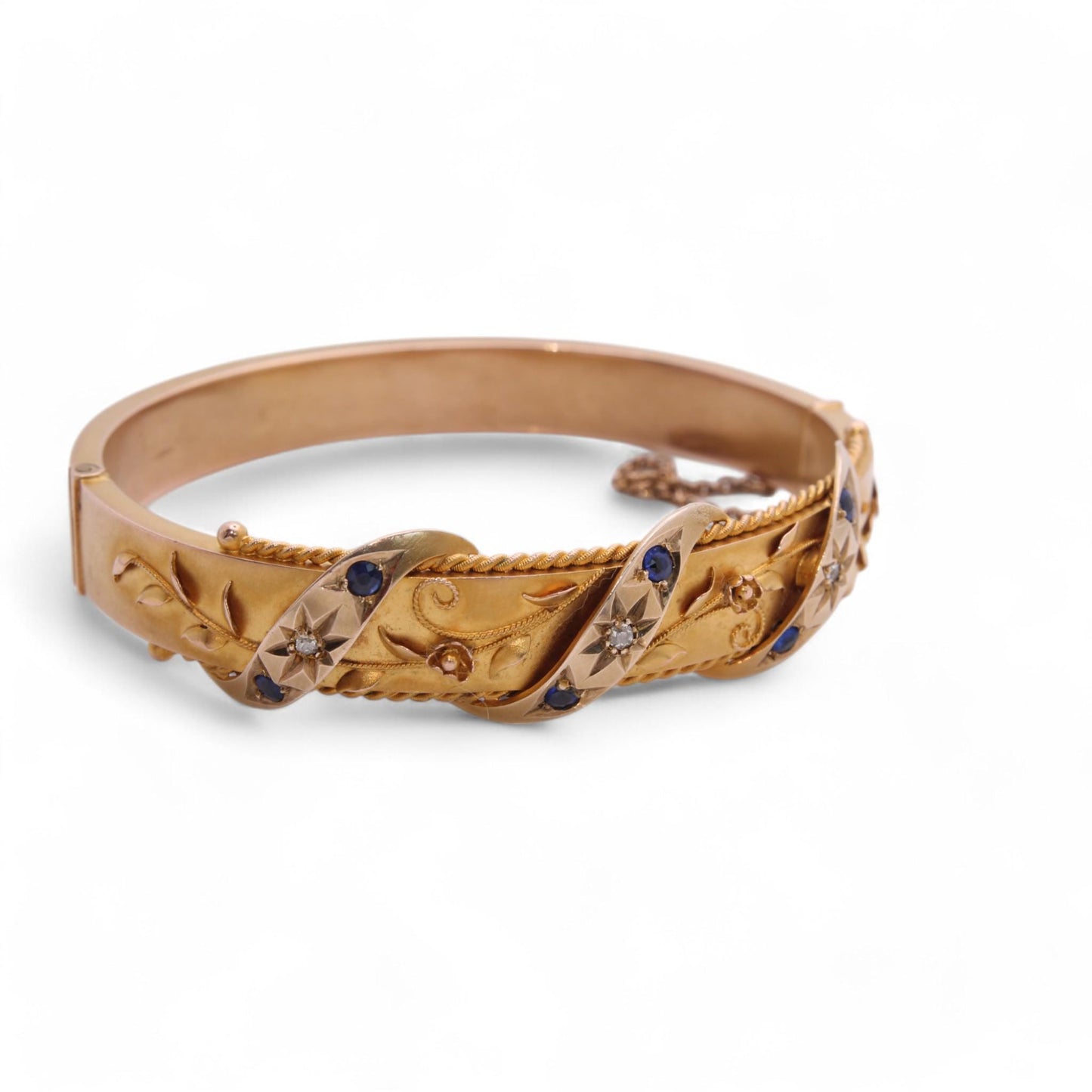 Antique 9ct Gold Decorative Floral Diamond Bangle, 1912