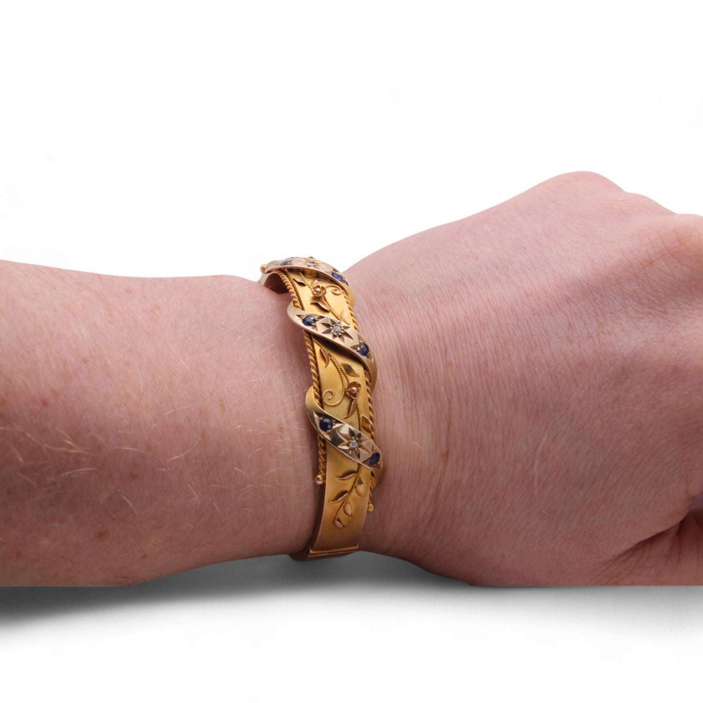 Antique 9ct Gold Decorative Floral Diamond Bangle, 1912