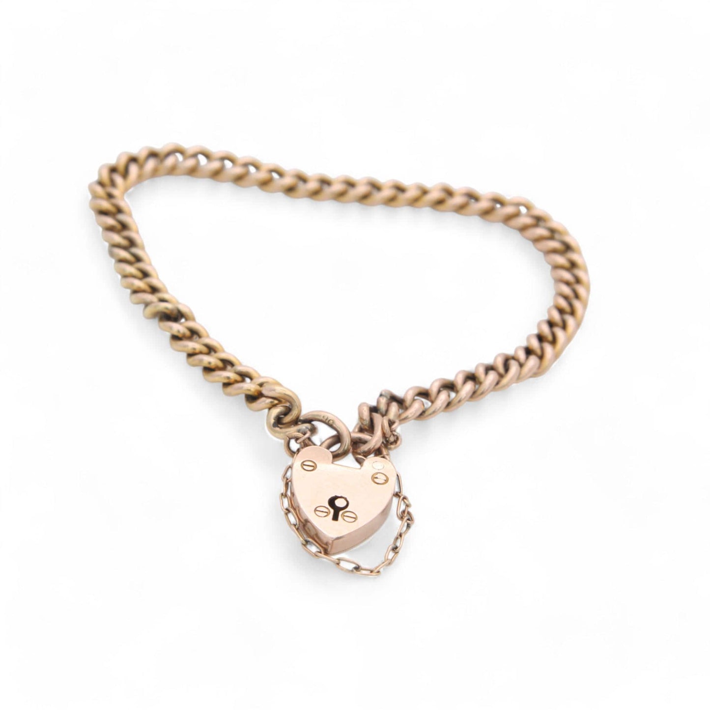 Antique 9ct Gold Heart Padlock Gate Bracelet, 6.75"