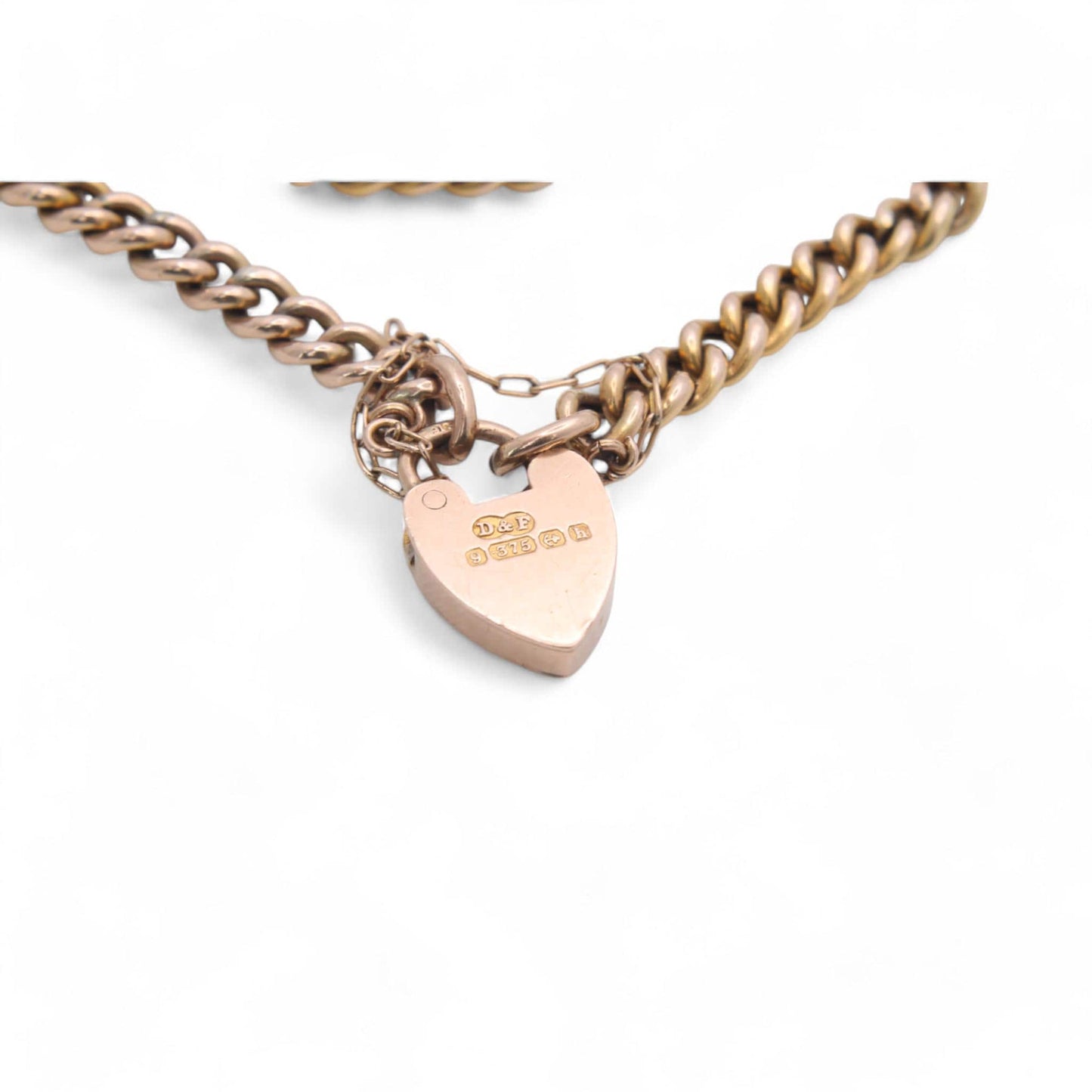 Antique 9ct Gold Heart Padlock Gate Bracelet, 6.75"